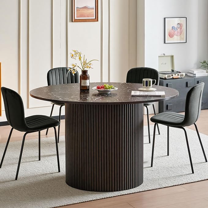 Dining Table Set for 4, 47 Inch Mid Century Modern Faux Marble Round Kitchen Table and Chairs, Space-Saving Small Dinette Set (Black Table+4 Black Chairs) - Image 3