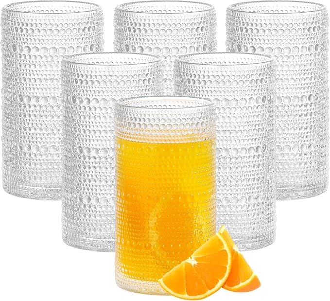 16oz Hobnail Drinking Glasses Set of 6, Vintage Large Capacity Embossed Clear Tumblers, Highball Glasses for Water, Cocktail, Beer, Whiskey, Juice & Bar Use by Unknown