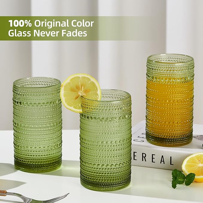 16oz Hobnail Drinking Glasses Set of 6, Vintage Large Capacity Embossed Green Tumblers, Highball Glasses for Water, Cocktail, Beer, Whiskey, Juice & Bar Use - Image 3
