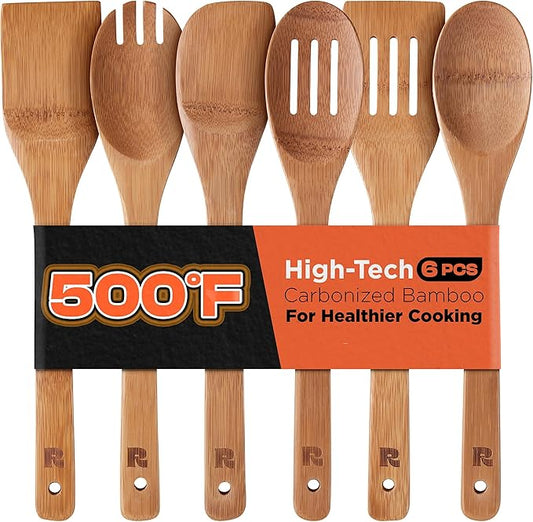 Riveira Dark Bamboo Wooden Spoons for Cooking 6-Piece, Apartment Essentials Wood Spatula Spoon Nonstick Kitchen Utensil Set Premium Quality Housewarming Gifts for Everyday Use by Riveira