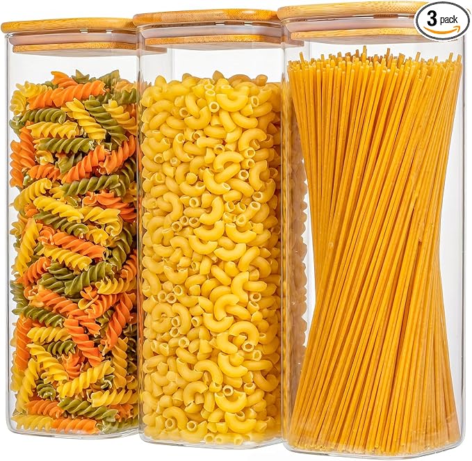 3-Pack 2.2Qt Square Glass Spaghetti Jars with Bamboo Lids | Minimalist Kitchen Organizer,Scandinavian Style Storage,Nordic Style Storage,Food Storage Canister for Pasta, Penne, Macaroni by Unknown