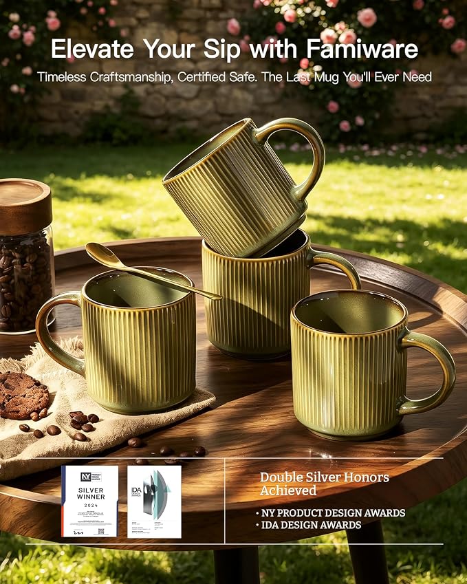 famiware Coffee Mug Set for 6, Star 12 oz Catering Mugs Cup Set with Handle for Coffee, Tea, Cocoa, Milk - Ceramic Stoneware Drinkware Set, Moss - Image 5