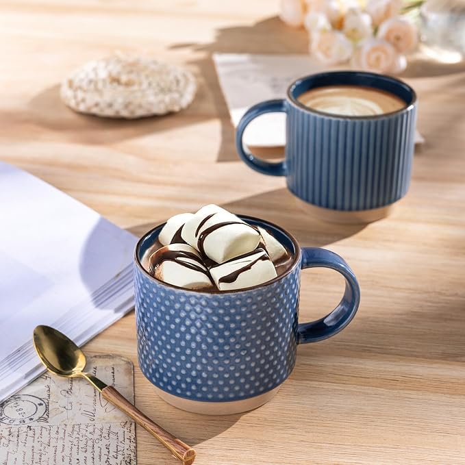 GBhome 12 OZ Stackable Coffee Mugs Set of 6, Ceramic Coffee Cups Set | 3 Assorted Designs, Embossed Mugs with Texture Patterns for Tea/Latte/Cappuccino, Dishwasher&Microwave Safe - Image 6