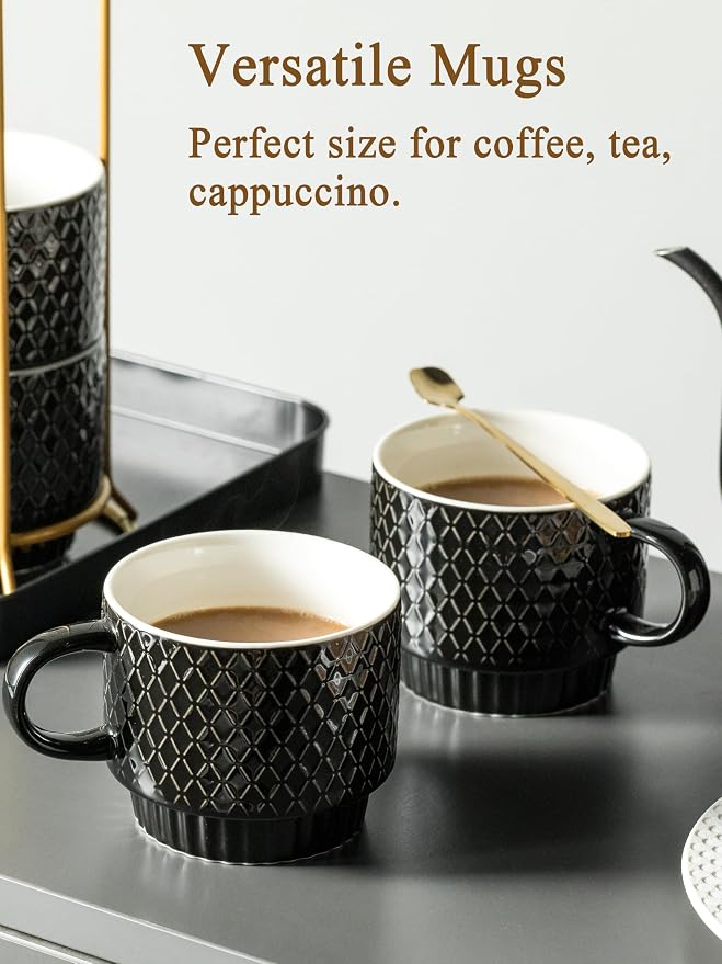Gomakren Coffee Mugs Set of 4, 13oz Stackable Coffee Cups with Stand, Black | Gloss Embossed Stoneware, Gold Rack & Spoons | for Coffee, Milk, Tea, Cocoa, Daily & Gifting Use | Microwave/Dishwasher Safe - Image 6
