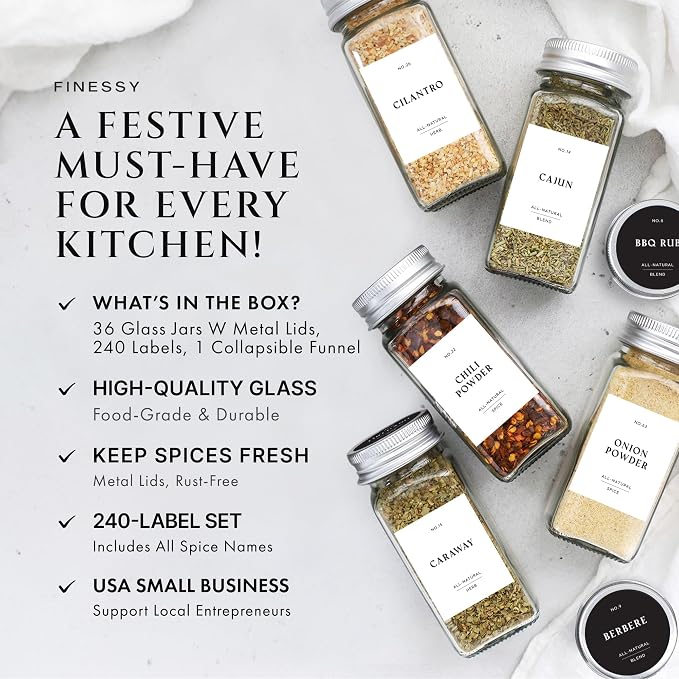 FINESSY Thick Glass Spice Jars With Metal Lids And Labels, 4oz 36 Pack | Empty Glass Spice Bottles With Airtight Metal Lids, Shaker Inserts, Waterproof Labels (200 Pre-Printed, 40 Blank) And Funnel - Image 2