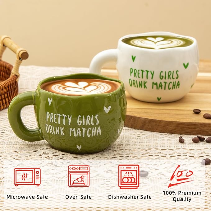 4pcs Ceramic Coffee Cups, 9.4OZ Cute Matcha Cup Set, Green & White, Dishwasher Safe Green Tea Mugs, Pretty Girls Collection - Image 2