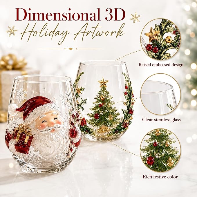 Christmas 3D Stemless Glass Cup Snowman 14oz Holiday Tumbler，C | Hand Painted Design, Festive Table Decor, Holiday Party Use, Collectible Glassware, 3D Ornament Detail - Image 6