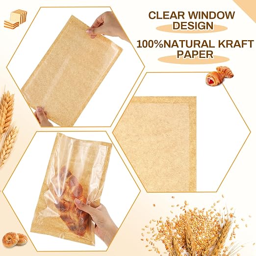 Outus 100 Pcs Cookie Packaging Bags with Seal, 6 x 10 Inch Bakery Pastry Bags with Window, Heat Sealable Grease Resistant Paper to Go Bake Sleeves for Gift Giving Donut Bread Sandwich (Brown) - Image 3