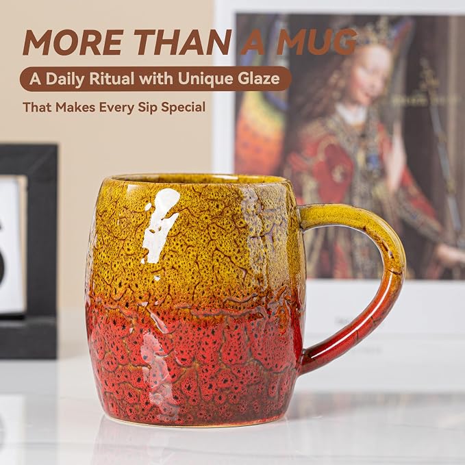 Handmade 22oz Ceramic Coffee Mug, Ergonomic Large Handle, Ideal Gift for Coffee Lovers, Microwave & Dishwasher Safe (Bas-Relief - Yellow&Red) - Image 6