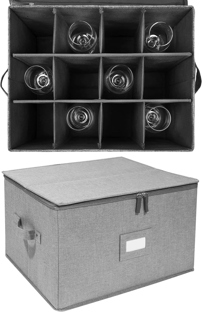 Stemware Storage Cases, Wine Glass Storage Box Containers with Dividers | Stackable China Storage Containers for 12 Wine Glasses, Drinkware, Glassware or Crystal (Light Grey) - Image 2