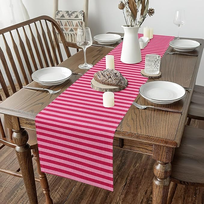 Rose Pink Red Kitchen Dining Decoration for Home Party for Kids Boys Girls Abstract Stripes Home Decor for Living Room Dresser Scarfs for Bedroom 13" x 91" Geometric Table Runner Modern - Image 2