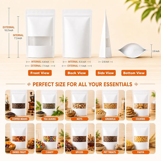 100 Pcs White Kraft Paper Bags with Window, 7.1" x 10.2" Stand Up Pouches Bags, Food Storage Bags for Packaging Products, Reusable, Sealable - Image 3
