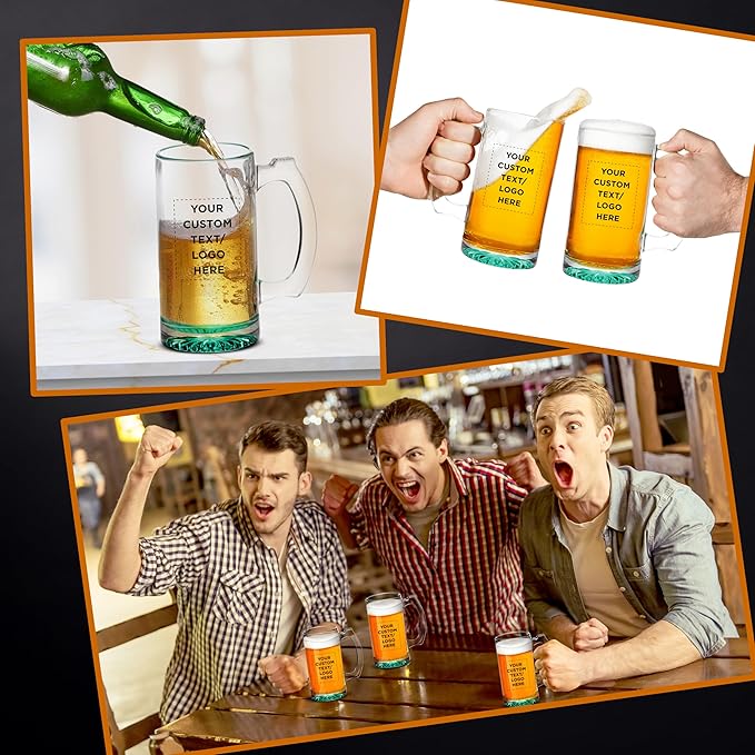 50 Libbey Beer Mugs Set, 12 oz. - Customizable Text, Logo - Groomsmen Glassware - Green