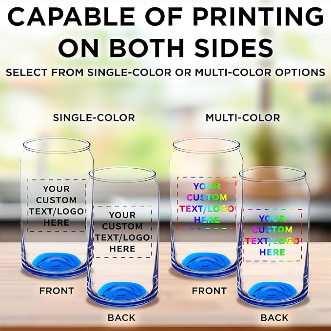 Custom Beer Can Glasses Set of 50, 16 oz. Pint Sized, Promotional Text, Logo, Soda Can Shape, Glassware, Blue