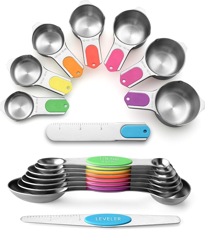 Spring Chef Magnetic Measuring Cups & Spoons Set of 15, Patented, Neon | Stackable Stainless Steel Measuring Cups & Heavy Duty Metal Measuring Spoons with Levelers for Dry & Liquid Ingredients by SpringChef