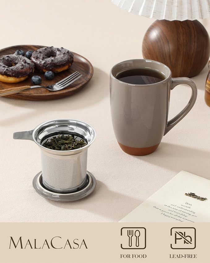 MALACASA Ceramic Tea Mug with Lid and Stainless Steel Infuser, 18 oz Large Tea Cup for Loose Leaf Tea, Heat-Resistant, Microwave & Dishwasher Safe, Speckled Glaze Coffee & Tea Brewer Mug, Khaki Brown - Image 3