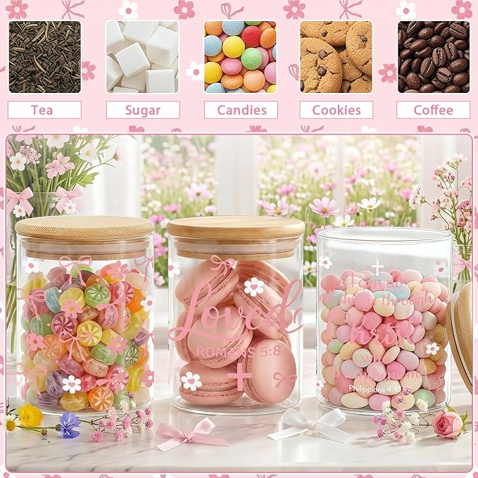 Pink Christian Glass Storage Jar with Lid, Candy Cookie Jars, 3Pcs | Pink Bow Candy Cookie Jars Christian Bible Verse Kitchen Canister Gifts for Women Cute Coquette Kitchen Containers - Image 6