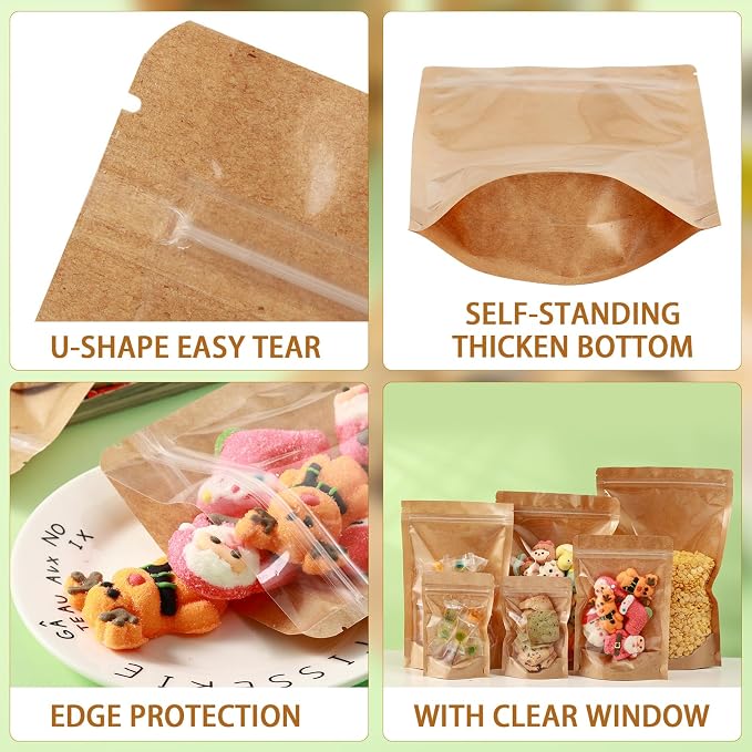 200 Pack Kraft Paper Bags with Clear Window 4x6 Reclosable Small Stand Up Mylar Bags for Food Storage Resealable Smell Proof Pouch, Edible Packaging, Reusable bags for Small Business - Image 2