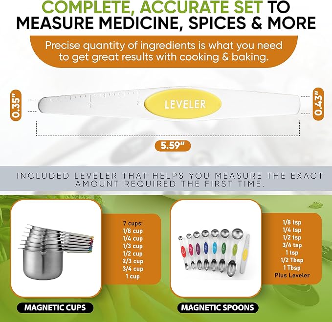 Spring Chef 15 Magnetic Measuring Cups & Spoons Set, Patented, Multicolor | Stackable Stainless Steel Measuring Cups & Heavy Duty Metal Measuring Spoons with Levelers for Dry & Liquid Ingredients - Image 6