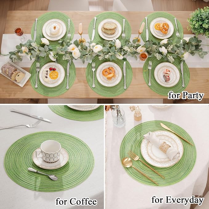 SHACOS Round Placemats Set of 6 for Dining Tables 15 inch Cotton Braided Placemats Washable Reversible for Kitchen Holiday Party (Mixed Color Pea Green, 6) - Image 4