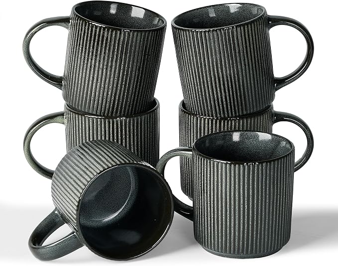 famiware Coffee Mug Set for 6, Star 12 oz Catering Mugs Cup Set with Handle for Coffee, Tea, Cocoa, Milk - Ceramic Stoneware Drinkware Set, Deep Forest by Famiware