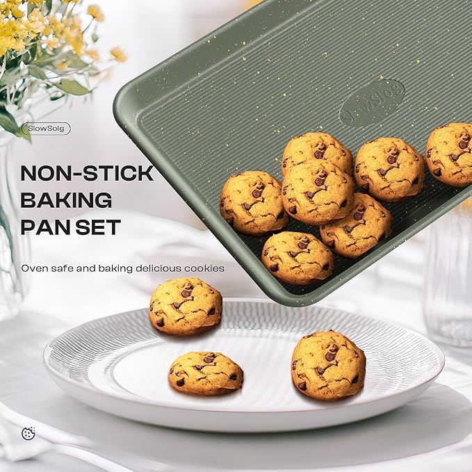 8-Piece Nonstick Bakeware Set, Stackable Oven Pan Set, Baking Pans Set | Includes Baking Sheet, Muffin Pan, Cake Pan, Square Pan, Loaf Pan, Cookie Sheet & Cooling Rack (Ceramic Coated Green) - Image 6