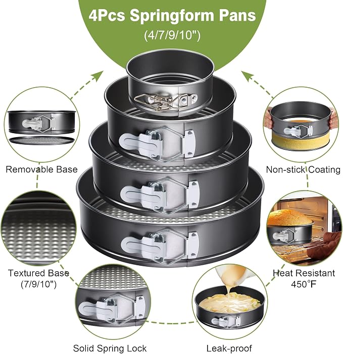 139PCS Springform Cake Pan Set - 4 Non-stick Cheesecake Pans(4/7/9/10-Inch) + Cake Decorating Supplies: Parchment Paper, Pastry Bags and Tips, Icing Scrapers, Cake Cutting Set & More - Image 5