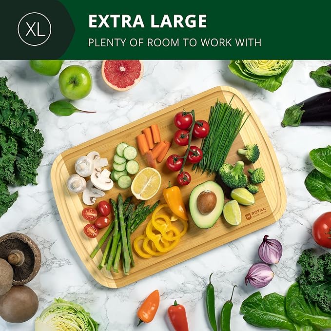 ROYAL CRAFT WOOD Wooden Cutting Boards for Kitchen Meal Prep & Serving - Bamboo Wood Serving Board Set with Deep Juice Groove Side Handles - Charcuterie & Chopping Butcher Block for Meat - Image 4