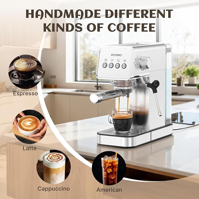 AYCHIRO 20 Bar Espresso Machine, Semi-Automatic Espresso Maker with Milk Frother Wand, Compact Stainless Steel Coffee Machine for Latte & Cappuccino, 37.2 oz Removable Water Tank - Image 4