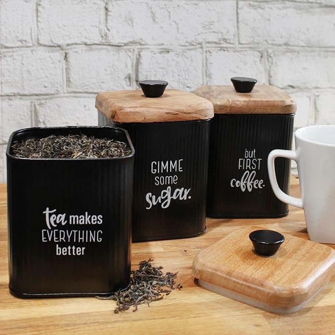AuldHome Design Farmhouse Black Enamelware Canisters (Set of 3); Storage Containers for Coffee, Tea and Sugar in Black Enamel and Wood Design - Image 2