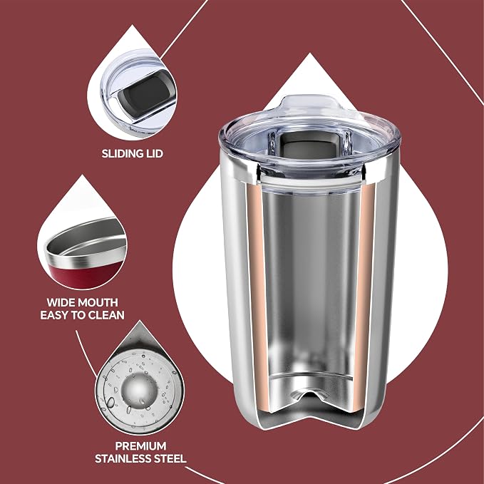 Ideus 20 oz Tumbler, Travel Coffee Mug with Splash Proof Sliding Lid, Double Wall Stainless Steel Vacuum Insulated Coffee Mug for Home and Office, Keep Beverages Hot or Cold, Blood Red - Image 3