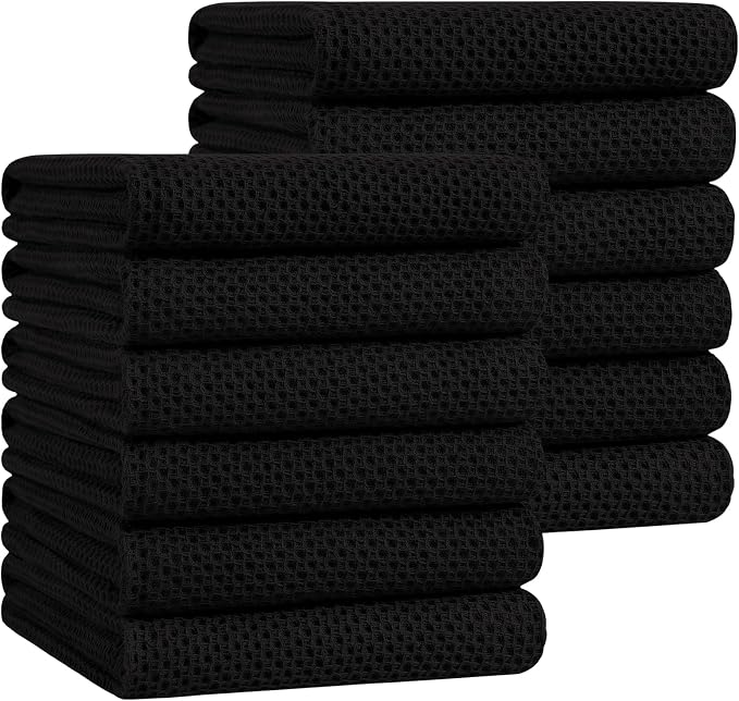 Homaxy 100% Cotton Oversized Waffle Weave Kitchen Towels 12-Pack, Black | 20 x 28 Inches, Ultra Soft Absorbent Dish Towels, Quick Drying Large Cleaning Towels by Homaxy
