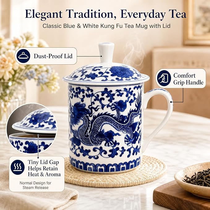 Peohud Set of 2 Porcelain Chinese Tea Cup with Lid, 12 Oz Bone China Coffee Tea Mug for Travel Home Office, Dishwasher Safe, Blue Dragon - Image 3