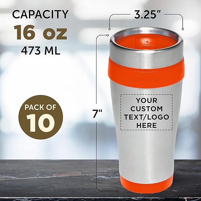 Custom Insulated Stainless Steel Travel Mugs 16 oz. Set of 10, Personalized Bulk Pack - Perfect for Coffee, Soda, Other Hot & Cold Beverages - Orange