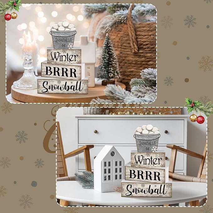 Moucuny 4 Pcs Winter Table Decorations Winter Tiered Tray Decor Christmas Table Centerpiece Rustic Decorative Snowball Snow Bucket Block Sign Farmhouse Christmas Decorations for Home Kitchen Shelf - Image 6