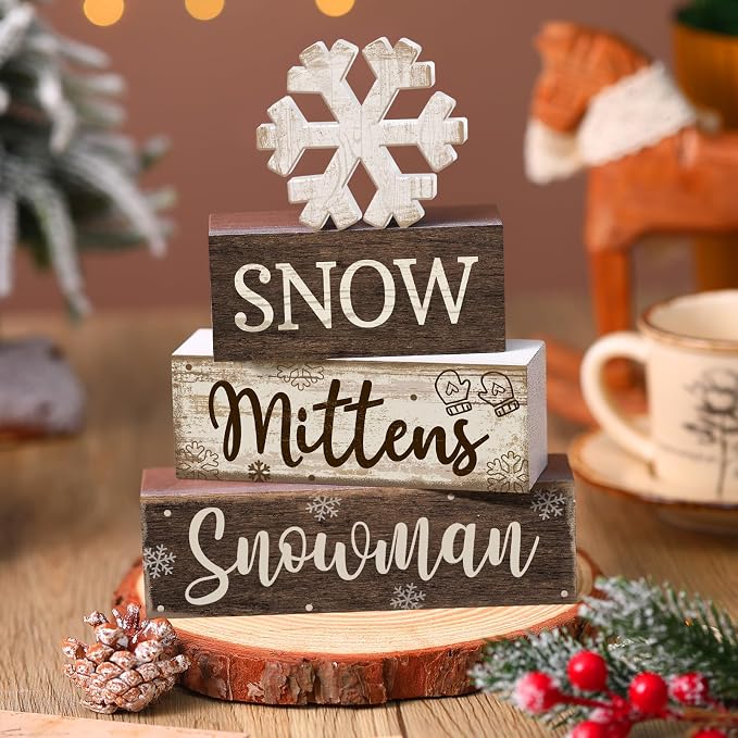 Moucuny 4 Pcs Winter Table Decorations Wooden Snowflake Decor Christmas Tiered Tray Decor Rustic Decorative Snowflake Block Sign Gift Winter Table Centerpiece for Wonderland Party Home Kitchen - Image 3
