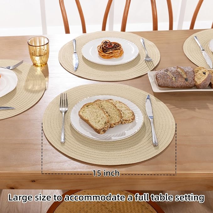 SHACOS 15 inch Round Braided Placemats Set of 6 Cotton Polyester Heat Resistant Table Mats Washable Place Mats for Dinner Party Table Decoration (Light Beige, 6) - Image 4