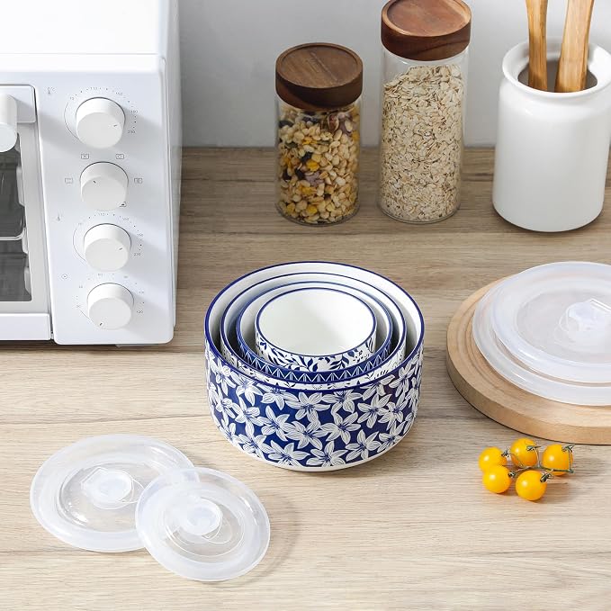 vancasso Ceramic Nesting Bowls with Lids Set of 4, Serving Bowls for Food Storage, Prep Bowl, Ceramic Bowl for Kitchen, Microwave & Dishwasher Safe, 60+36+20+10 Oz, Series SELENE - Image 6