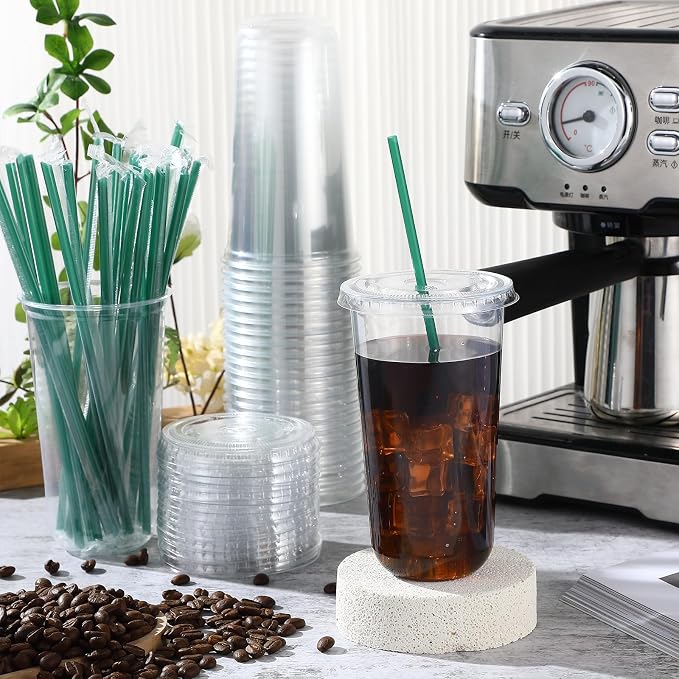 Baderke 25 Set Plastic Cups with Lids and Straws, Disposable Plastic Iced Coffee Cup for Cold Beverage Juice Smoothie Crystal for Coffee Shops Party Catering(Clear,20 oz) - Image 2