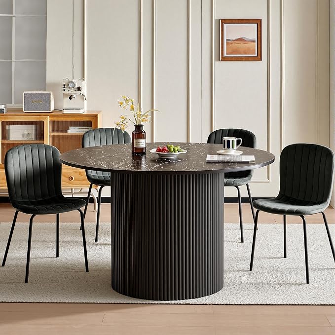 Dining Table Set for 4, 47 Inch Mid Century Modern Faux Marble Round Kitchen Table and Chairs, Space-Saving Small Dinette Set (Black Table+4 Black Chairs) - Image 4