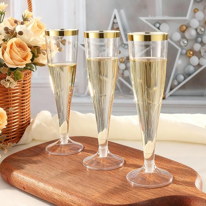 Bestluck 100 Pack 4.5 oz Champagne Flutes Plastic with Gold Rim | Disposable Champagne Flutes, Clear Plastic Disposable Stemware for Party, Mimosa Bar, Wedding, Anniversary and Graduation - Image 2