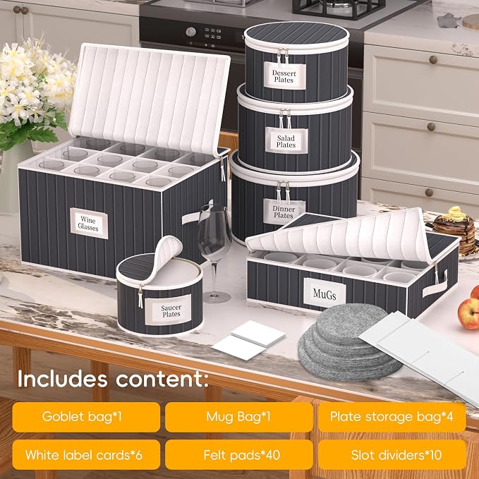 Fine China Storage Containers, 6 Piece Dish Storage Containers, Stackable Plate Storage, Coffee Mug Storage and Wine Glass Storage Box with Dividers, Quilted Dish Organizers, Grey - Image 5