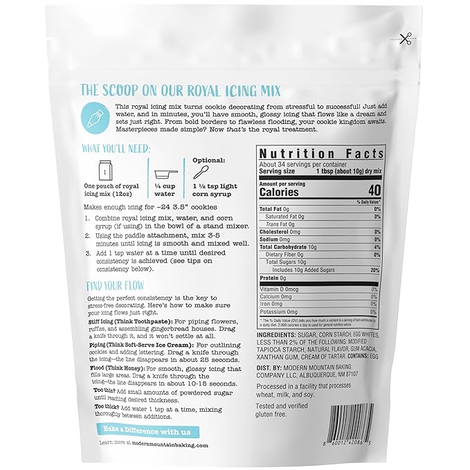 Royal Icing Mix (12oz) Premium Royal Icing for Sugar Cookies, Easy to Use, Achieve the Perfect Consistency, Tastes Amazing, Naturally Flavored, Certified Gluten Free, Non-GMO Sourced