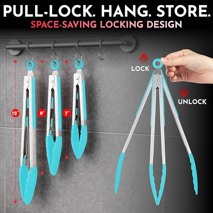 Kitchen Tongs - 12, 9 & 7 Inch Locking Silicone Tongs for Cooking, Set of 3 | Aqua Tongs with Silicone Tips, Heat Resistant Tongs for Grilling, Serving, Mixing - Image 2