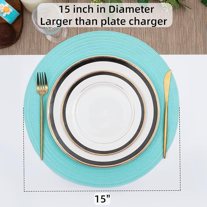 SHACOS Round Placemats Set of 4 Washable 15 inch Round Table Mats Cotton Polyester Woven Braided Place Mats for Dining Table Wedding Party Decor (Aqua, 4) - Image 5