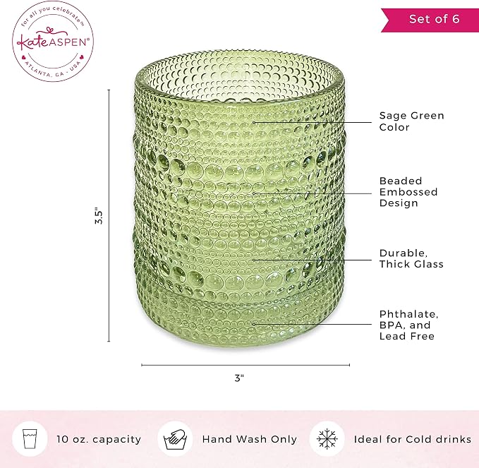 Kate Aspen Sage Green Hobnail Beaded Drinking Glasses Set of 6-10 oz Vintage Glassware, Holiday Entertaining Drinkware, Water & Cocktail Glasses - Great Christmas or Hostess Gift - Image 6