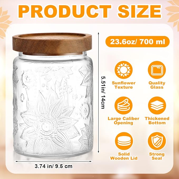 LemonRoad 4 Pcs Vintage Clear Glass Storage Jars 23.7 oz Mason Jar Canister with Wood Lids Food Storage Container for Cookie, Pantry, Candy Kitchen, Coffee, Tea, Flour, Sugar, Decorative Home Decor - Image 2