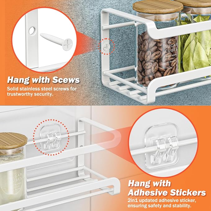 Bunoxea Spice Rack Wall Mounted 2 Pack, White,For Spice Jars & Seasonings | 2 Removalble Hooks,Screw or Adhesive Hanging, Space-Saving,For Kitchen Cabinet, Pantry Door,Stove,RV Use,11.41x2.75x2.75in - Image 4