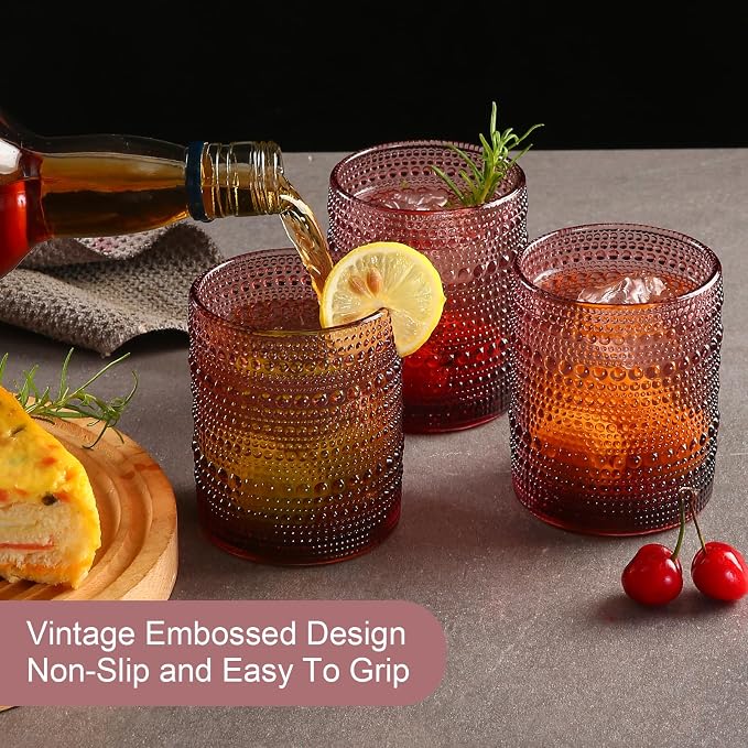 ZMOWIPDL Drinking Glasses Set of 6,12oz Purple Hobnail Glass Cups | Vintage Glassware，Embossed Water Tumbler,for Beer,Cocktail,Whiskey,Juice and Various Mixed Drinks- 1 Cleaning Brush - Image 7