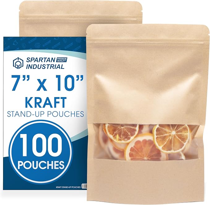 7" X 10" Kraft Stand-Up Pouch Bags - Pack of 100 Large Smell-Proof Bags | for Bulk Food Packaging, Homemade Treats, Bath Products, and More - Spartan Industrial - Image 2